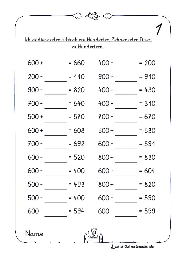Kopfrechnen im ZR 1.000 mit H-Zahlen und E-, Z- und H-Zahlen - Plus und Minus
